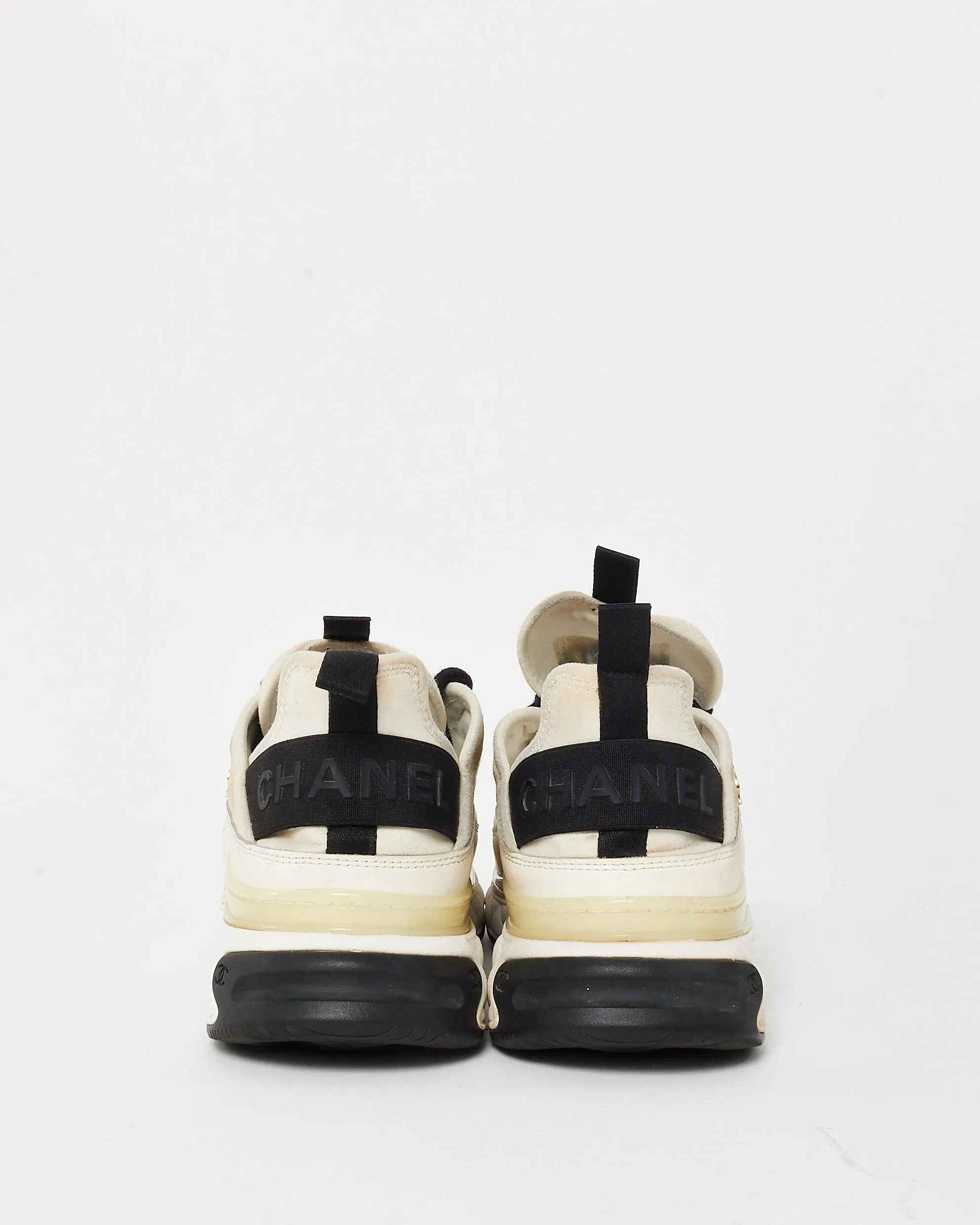 Chanel Beige, Black & White Suede and Mixed Fibers CC Logo Sneakers - 40
