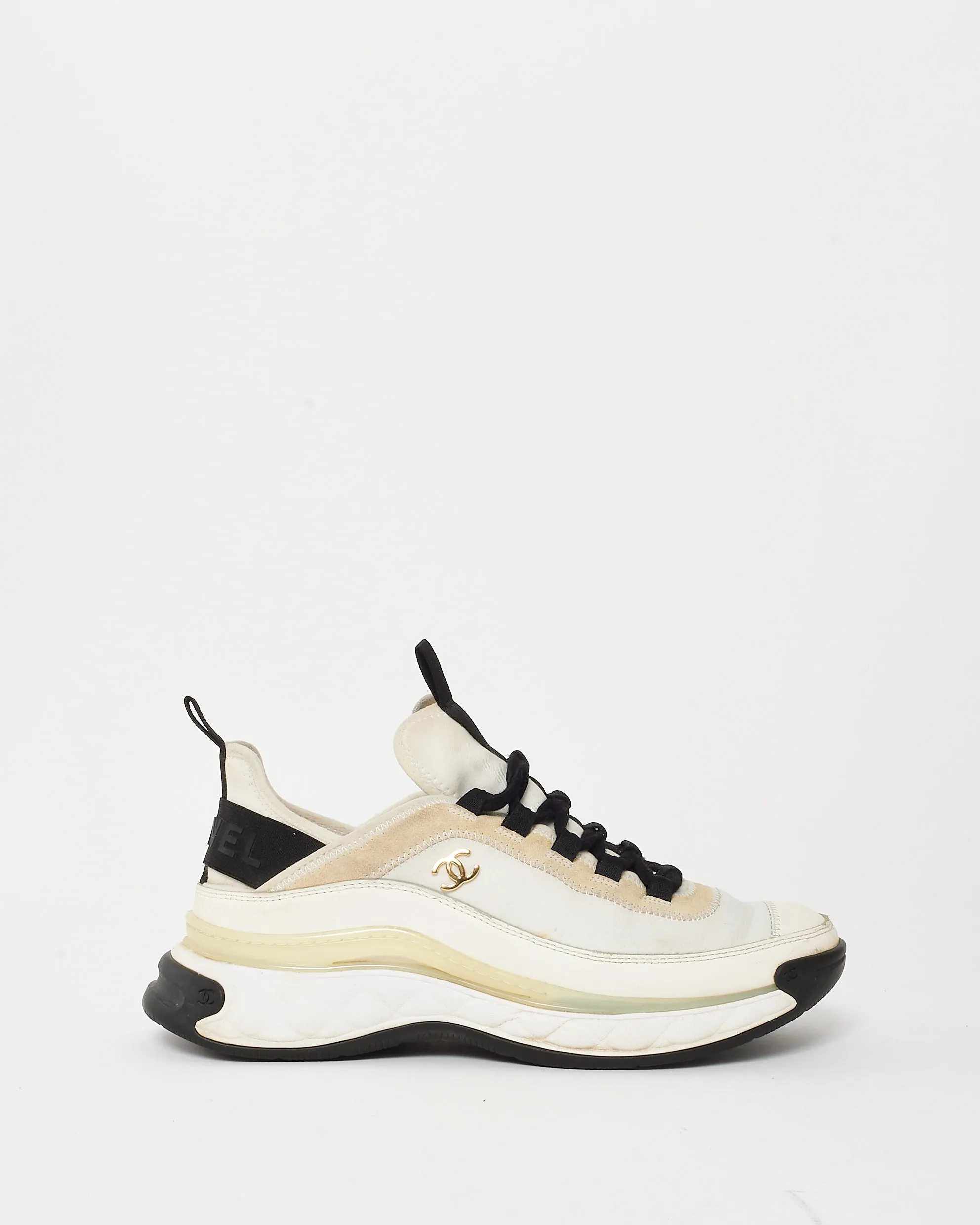 Chanel Beige, Black & White Suede and Mixed Fibers CC Logo Sneakers - 40