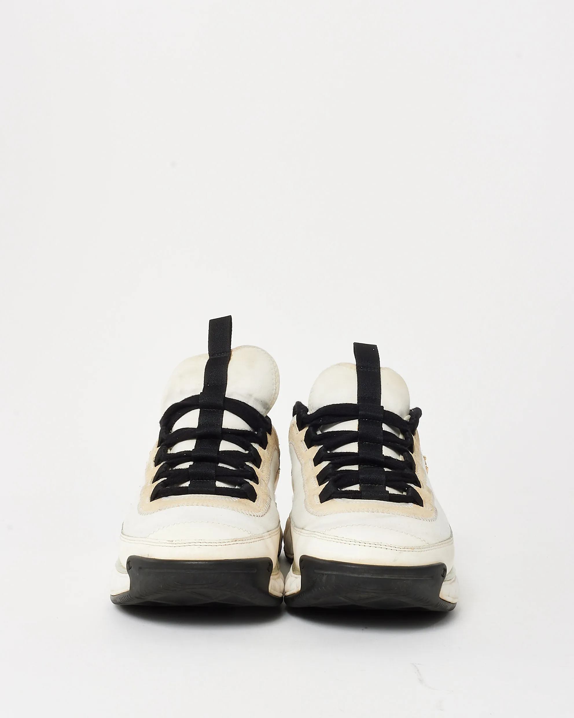 Chanel Beige, Black & White Suede and Mixed Fibers CC Logo Sneakers - 40